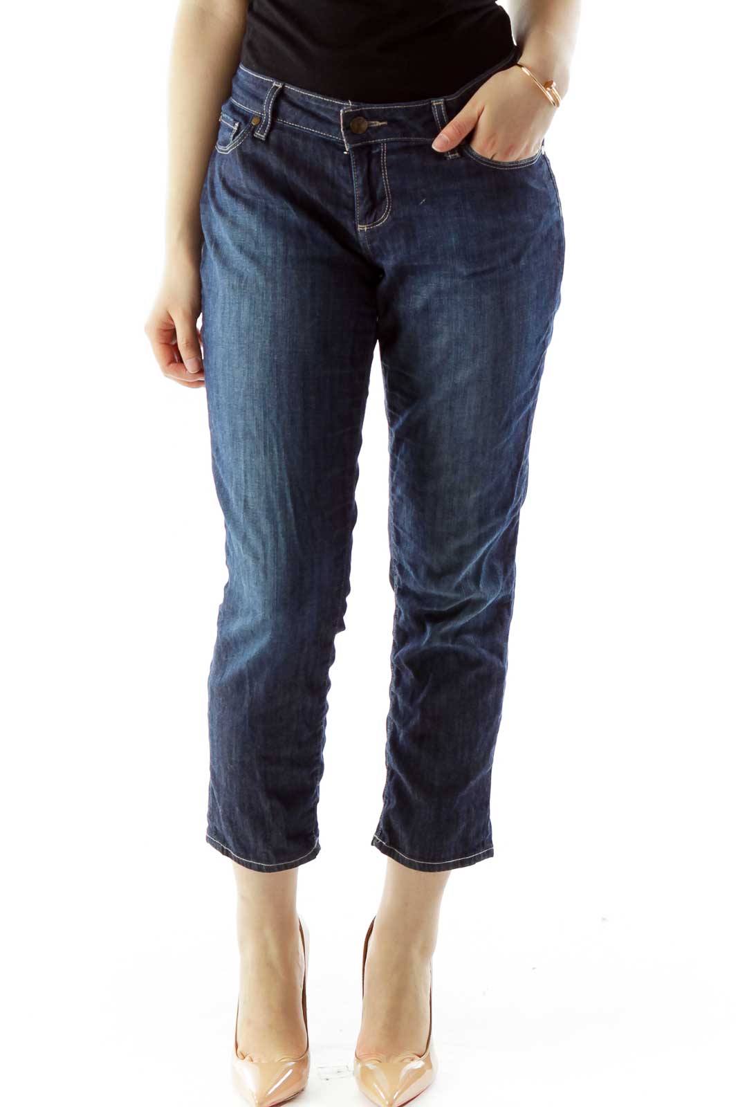 Blue Denim Skinny Cropped Jeans Front