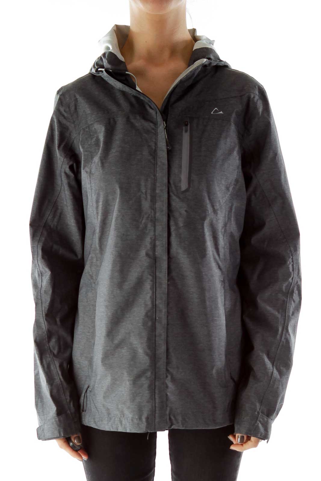 Gray Hooded Pocketed Rainproof Sports Jacket Front