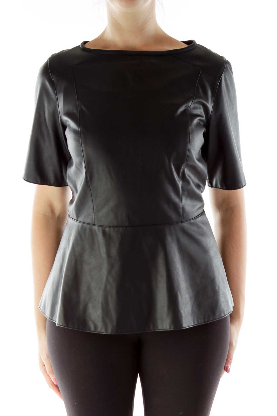 Black Faux-Leather Peplum Top Front