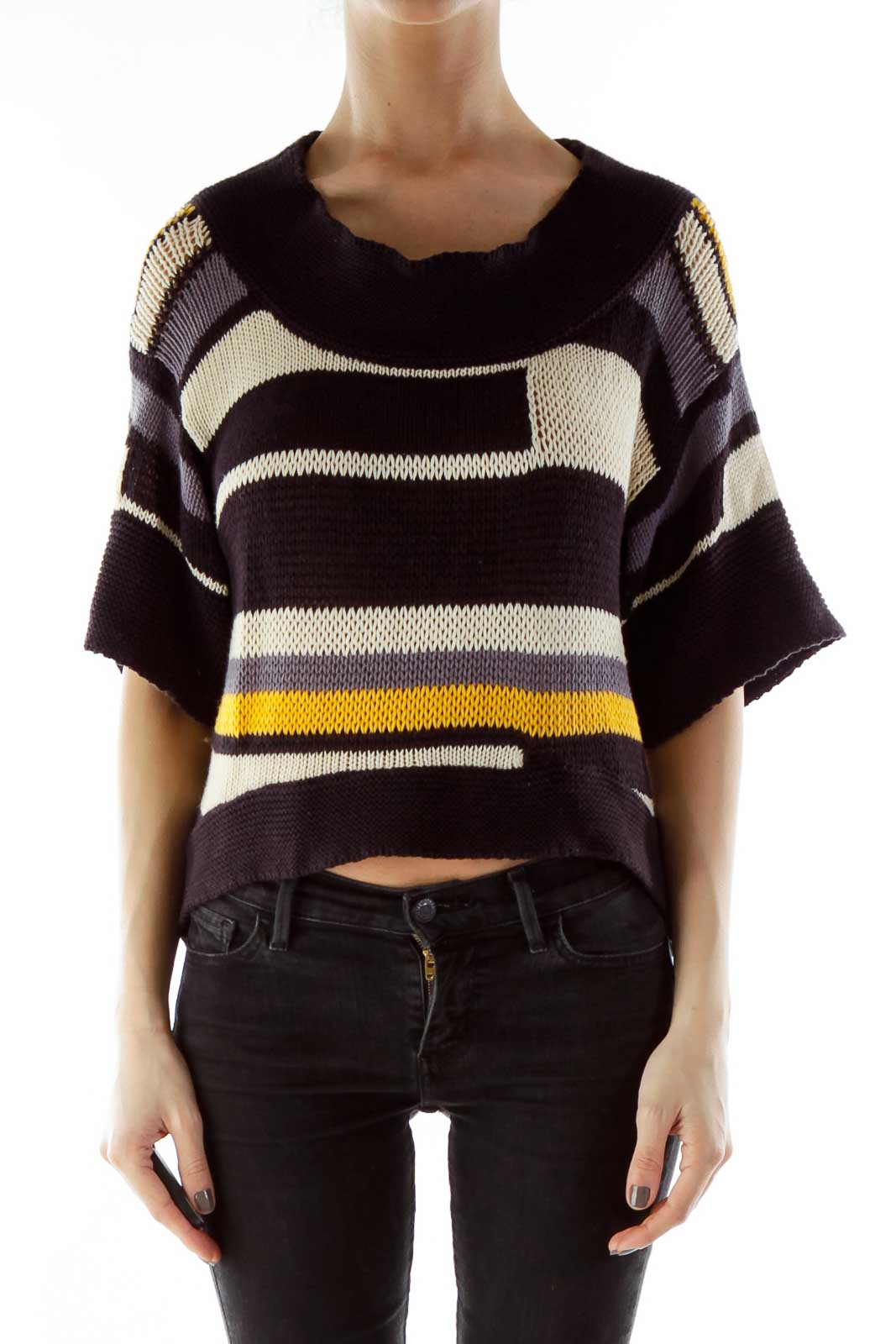 Black Yellow Striped Knit Front