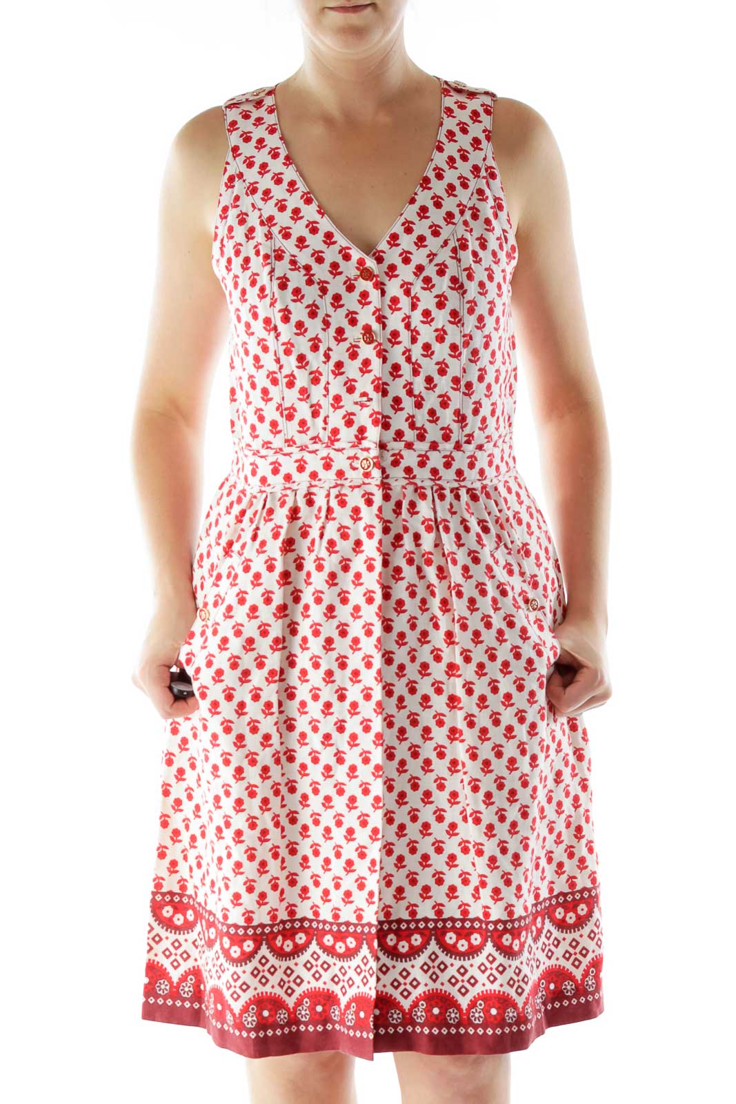 Red White Flower Print Day Dress Front