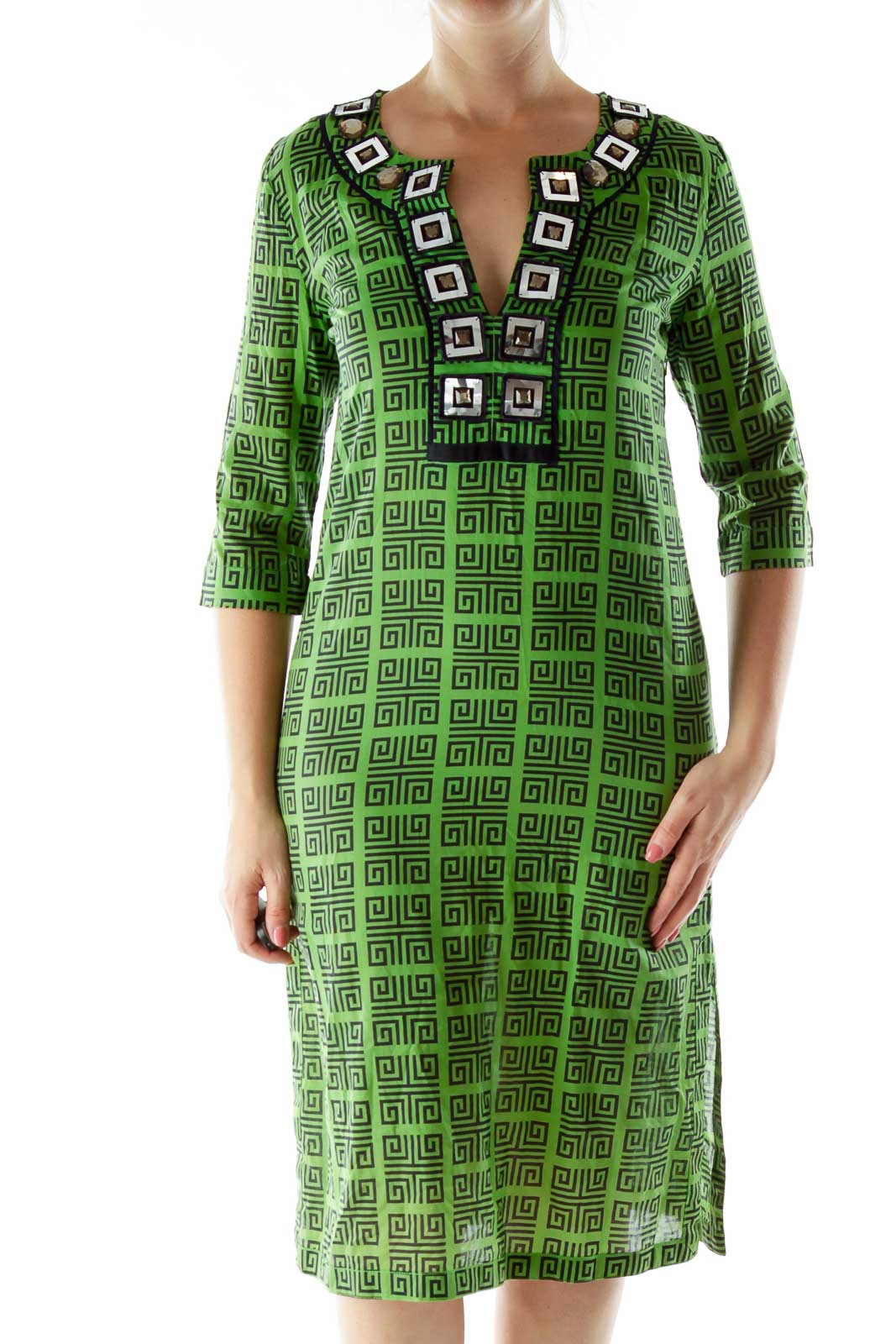 Green Blue Geometric Print Dress Front