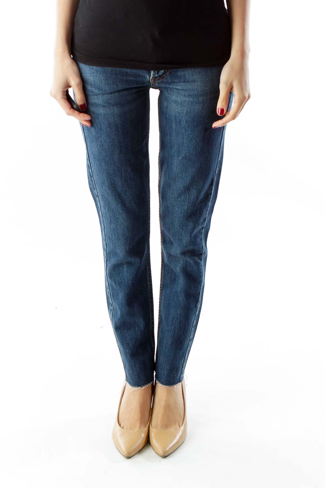 Blue High-Waisted Distressed Skinny Jeans Front