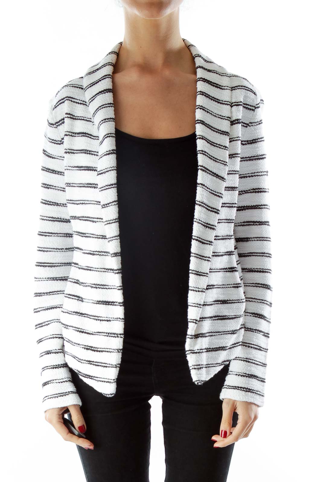 White Black Striped Pocketed Open Jacket Front