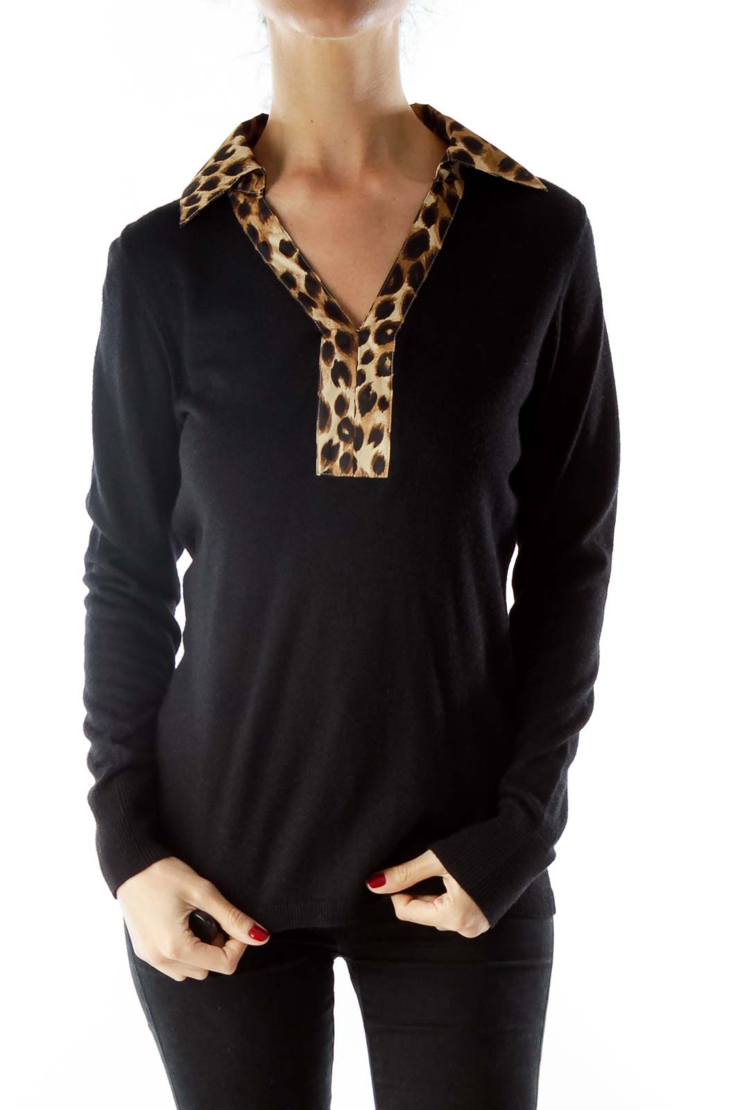 Cheetah collared black knit Front