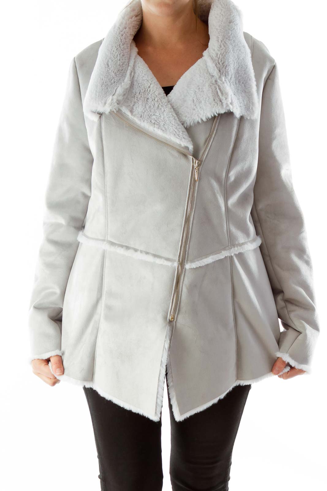 Gray Fur lined coat Front