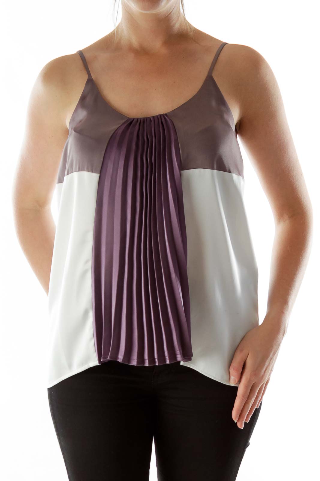 Purple and white pleated tank top Front