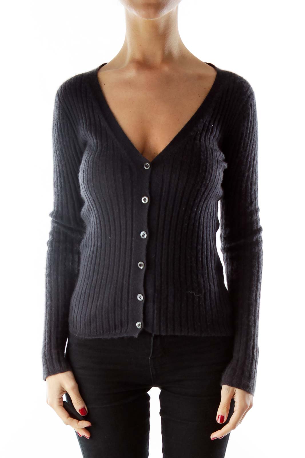 Navy Fitted Cashmere Cardigan Front