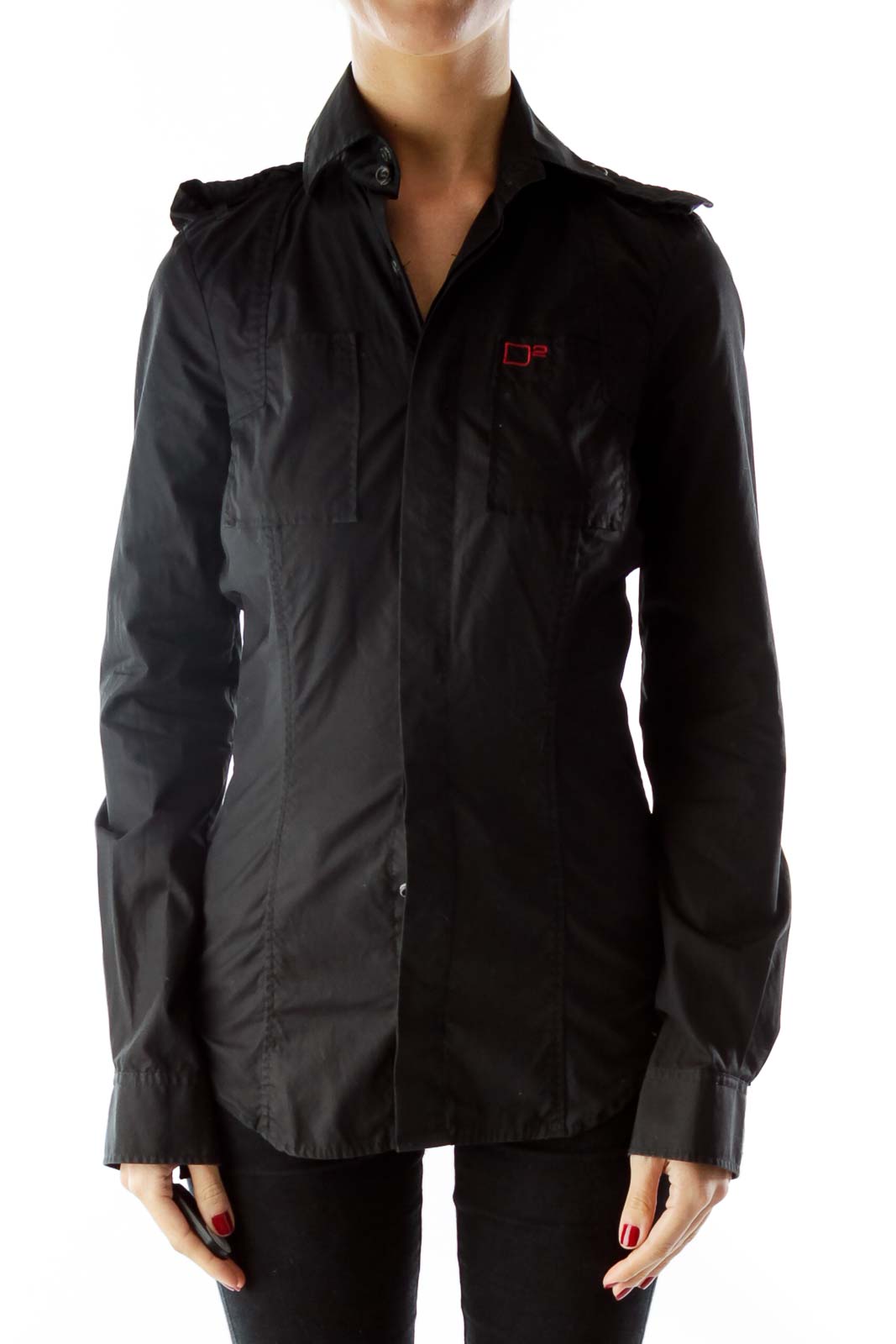 Black Buttoned Down Shirt with Embroidered Logo Front