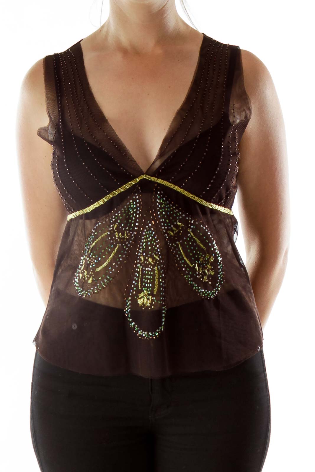 Brown Beaded See-Through Blouse Front