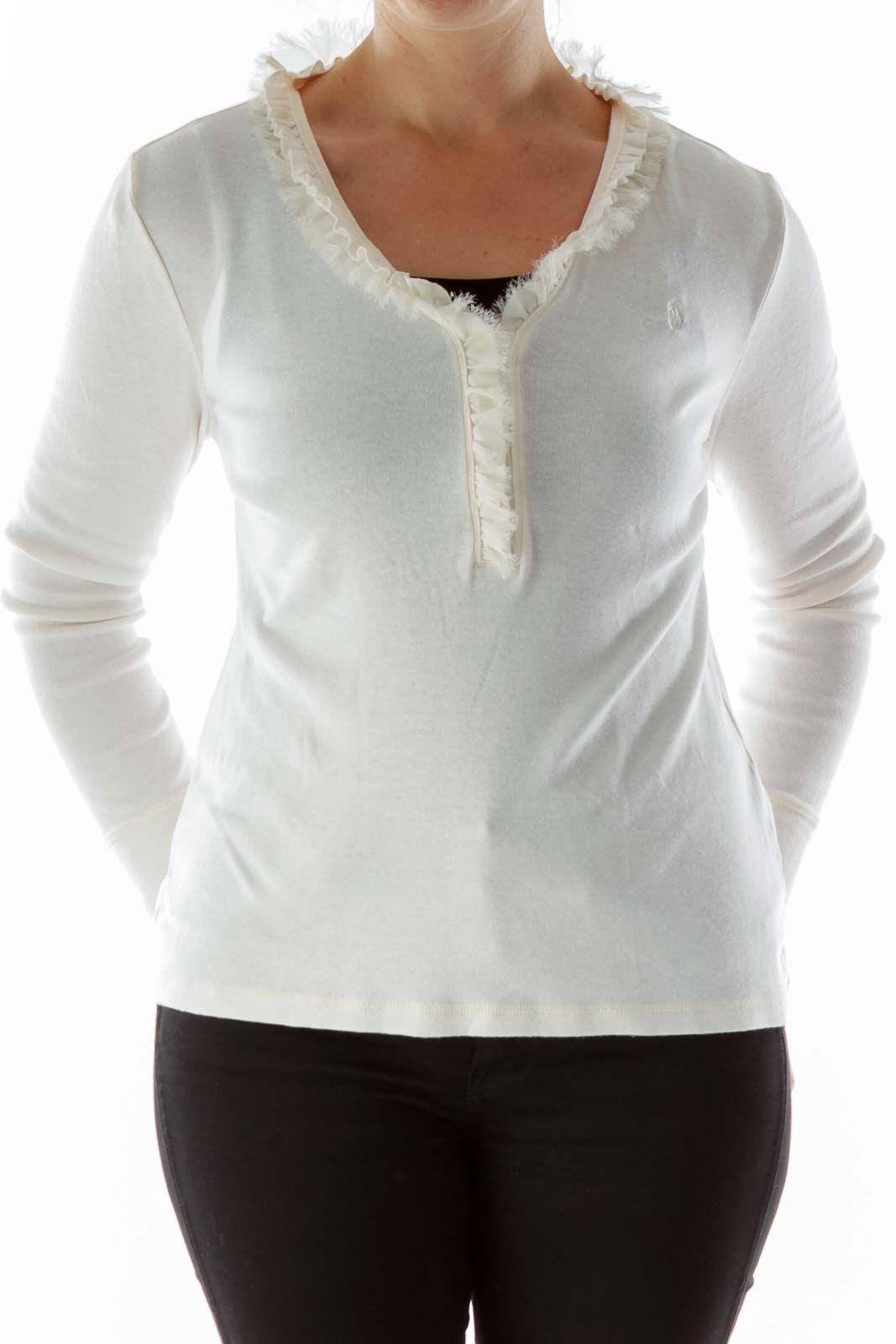 Cream Long-Sleeve Top with Ruffled Neckline Front