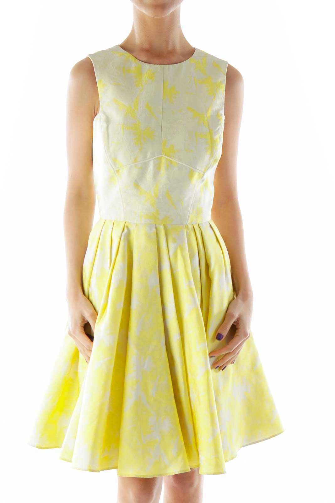 Cream Yellow Flared Floral Dress Front