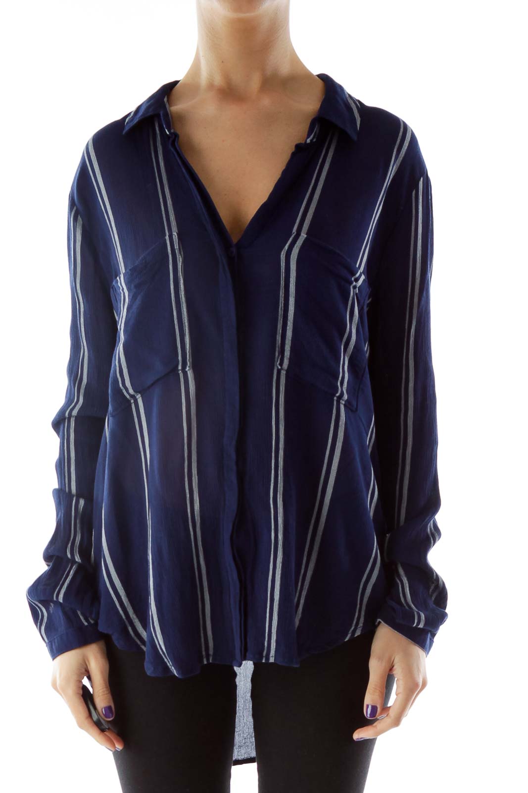 Navy Gray Striped Pocketed Blouse Front