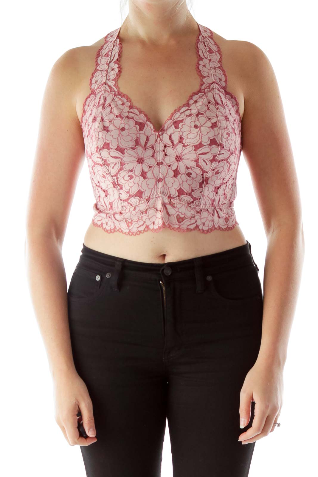 Lace Pink Cropped Top Front