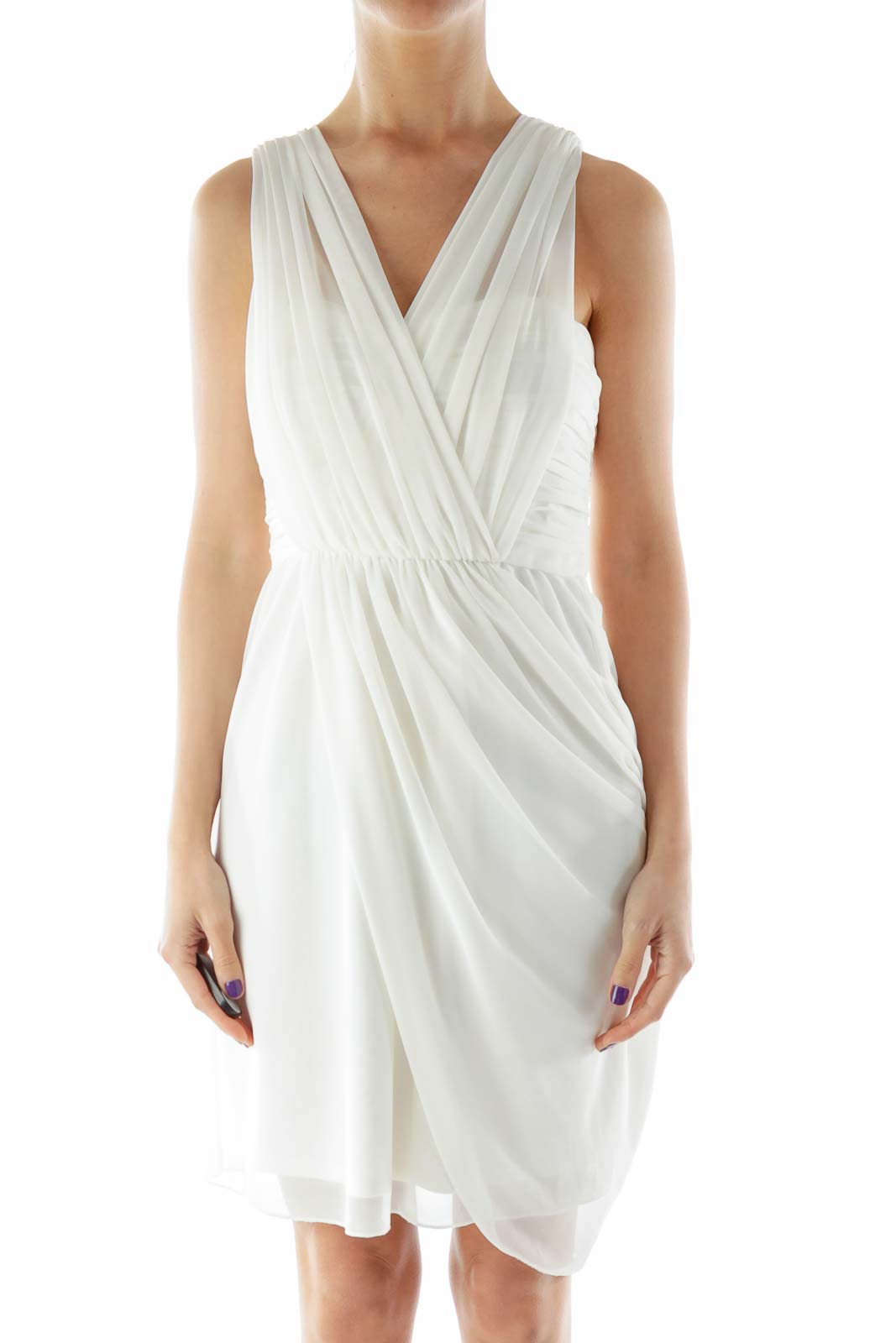 White Tulle Draped Dress with Spaghetti Strap Front