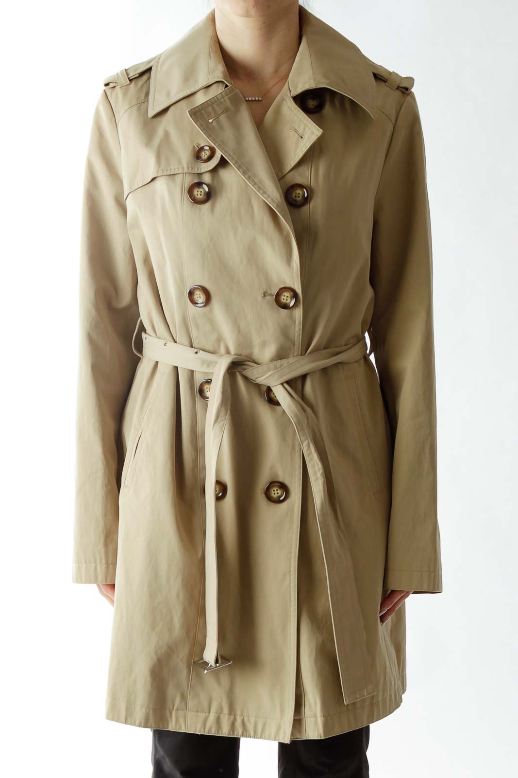 MICHAEL Michael Kors - Beige Double-Breasted Belted Trench Coat Cotton ...