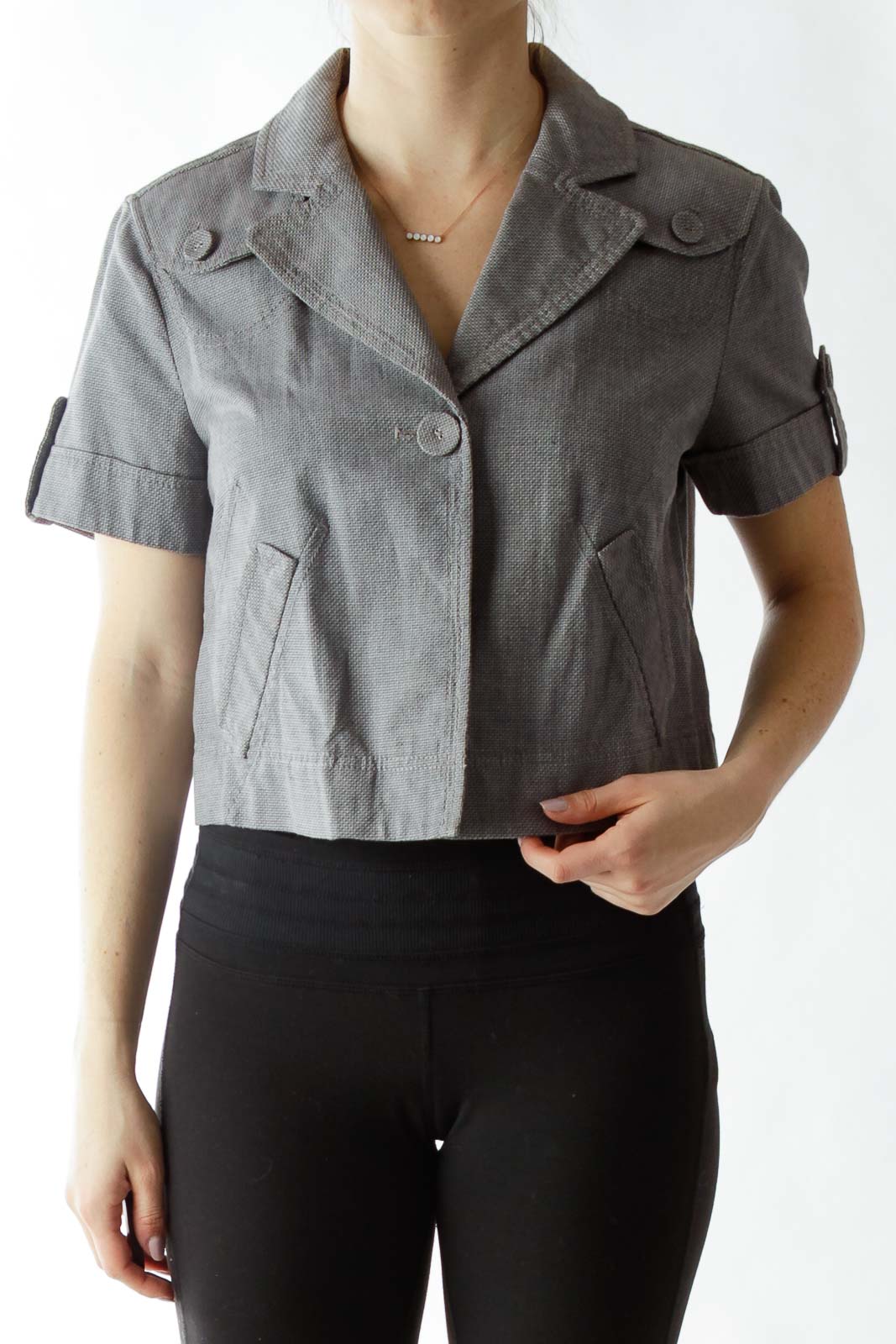 Gray Cropped Buttoned Jacket Front