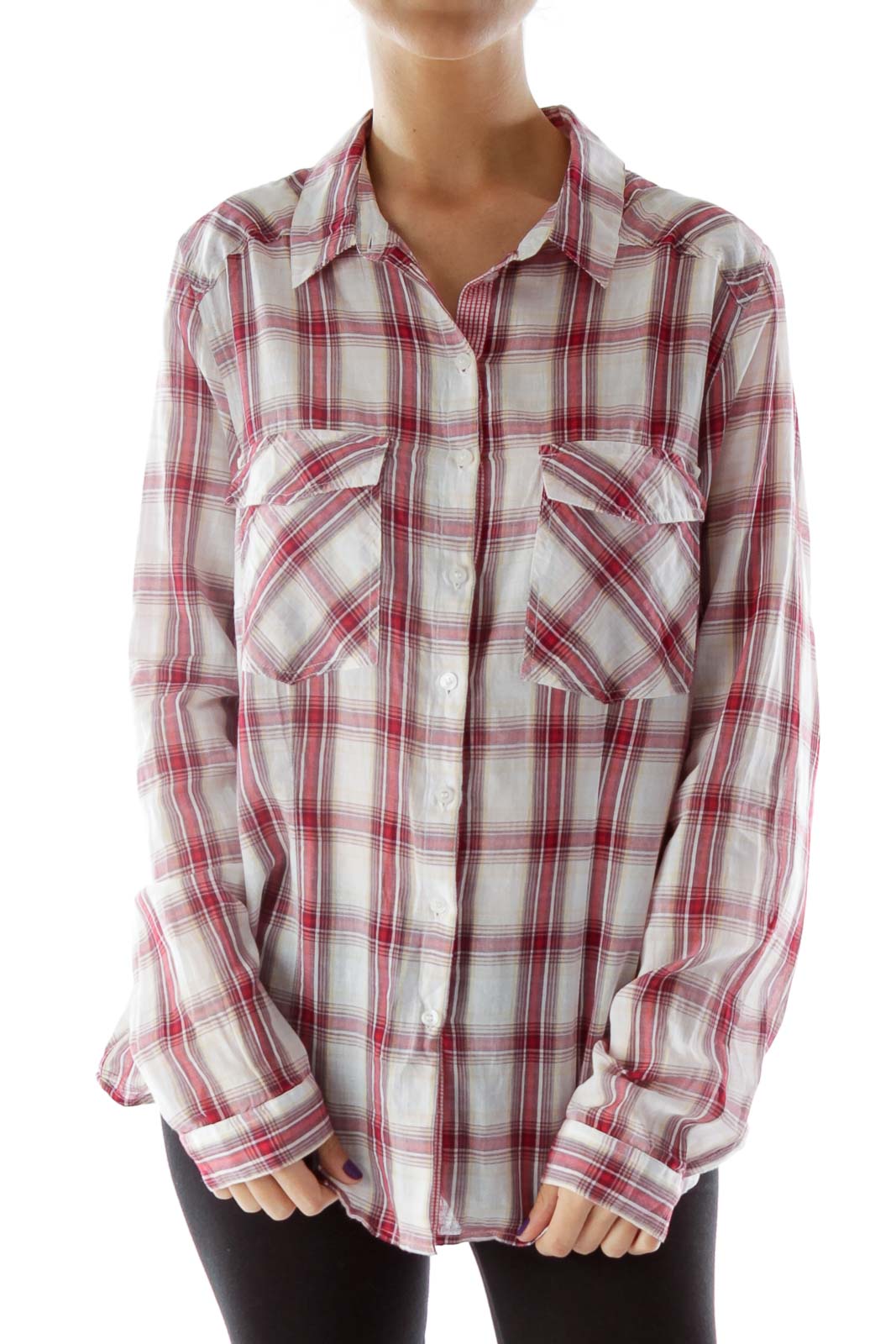 Red and Beige Plaid Button Down Front