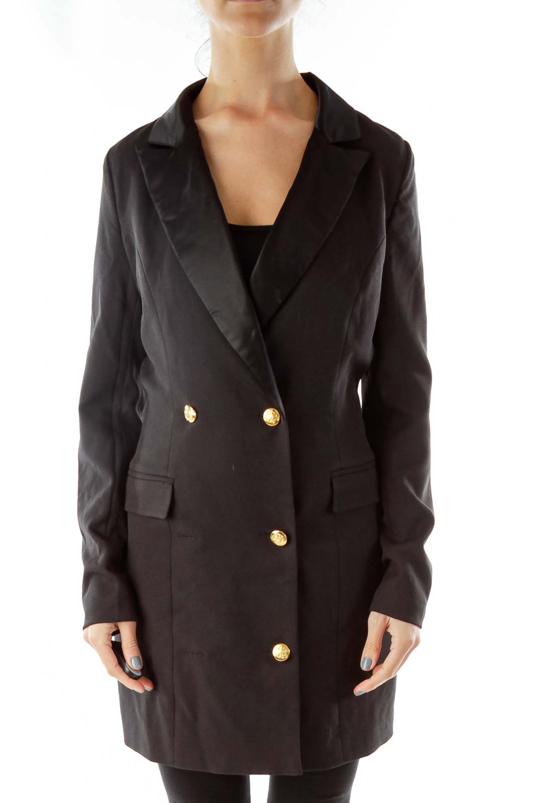 Black Long Coat with Gold Buttons Front