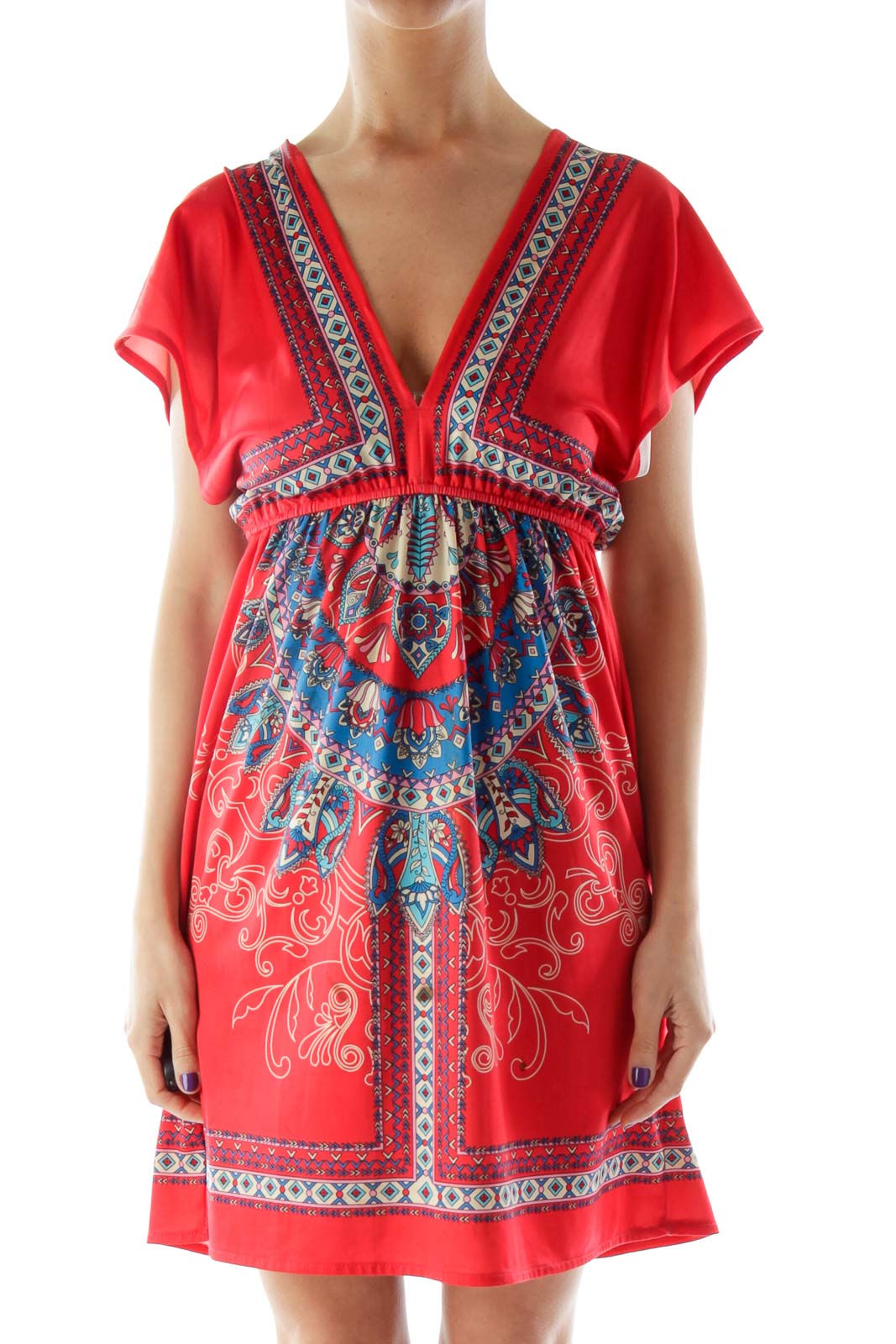 Red Multicolor Printed V-Neck Dress Front