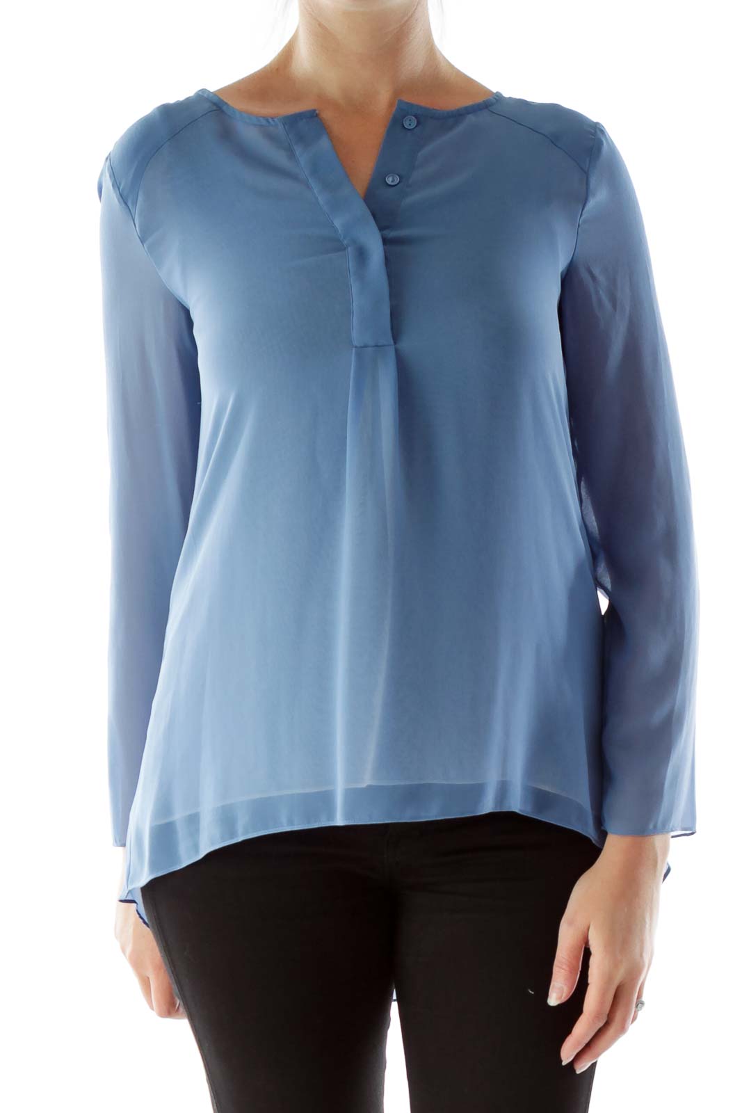 Blue Buttoned Chiffon Blouse Front