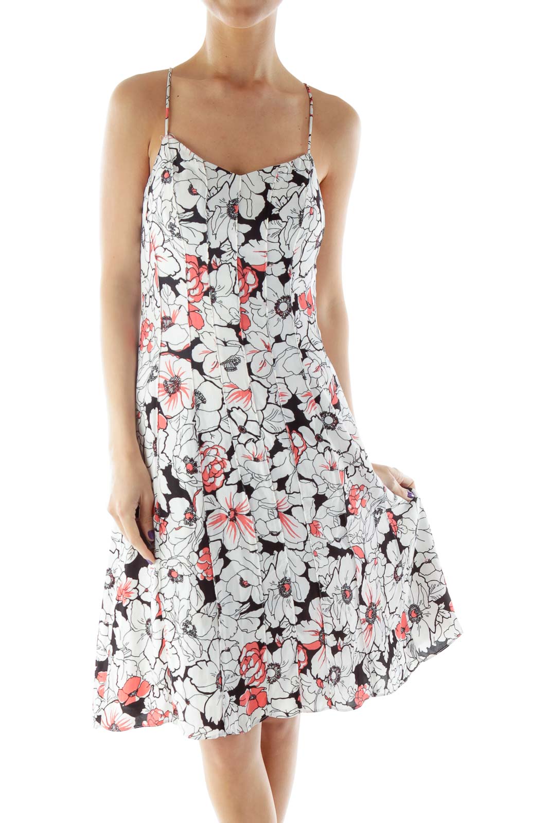 White, Black and Pink Floral Day Dress Front