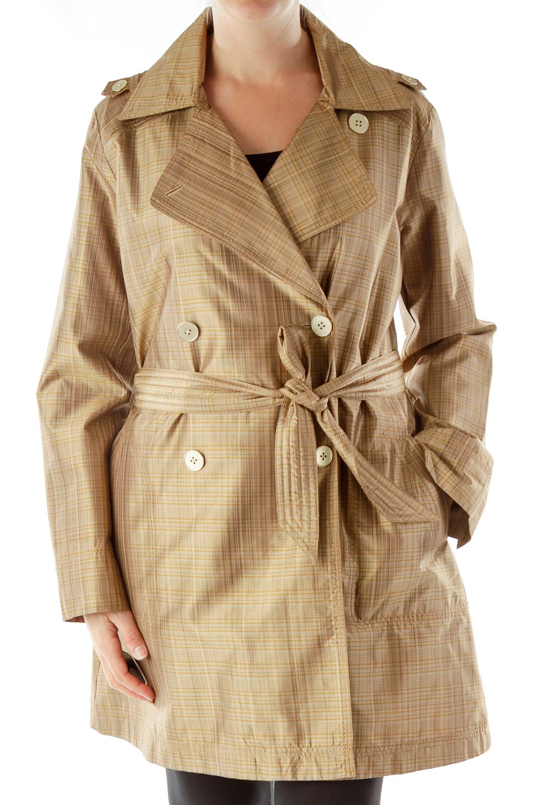 Beige Plaid Silk Trench Coat Front