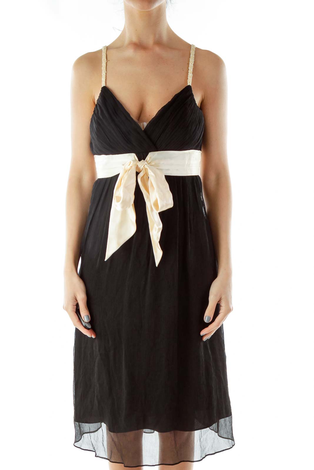 Black Beige Silk Evening Dress Front