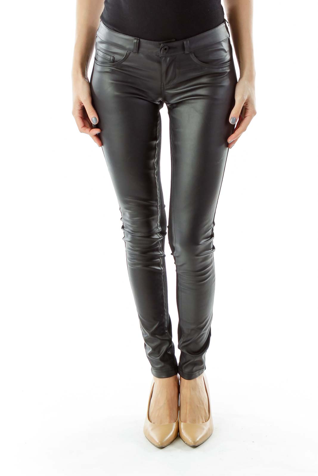 Black Faux-Leather Skinny Pants Front