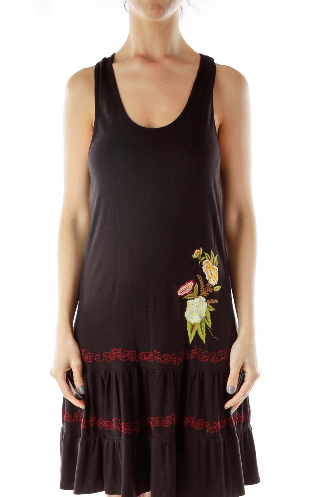 Black Embroidered Jersey Dress Front