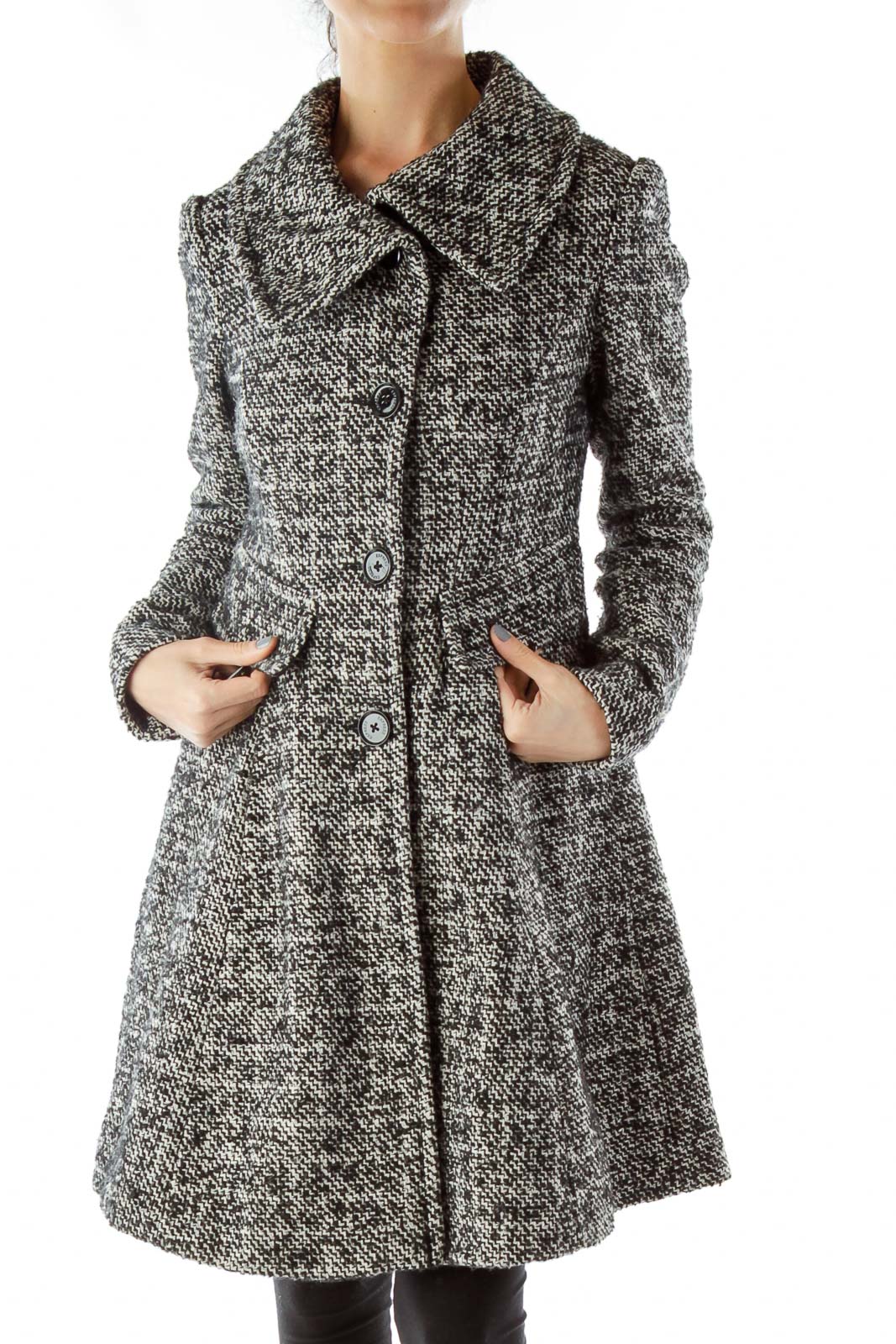 Express - Black White Tweed Pea Coat Polyester | SilkRoll