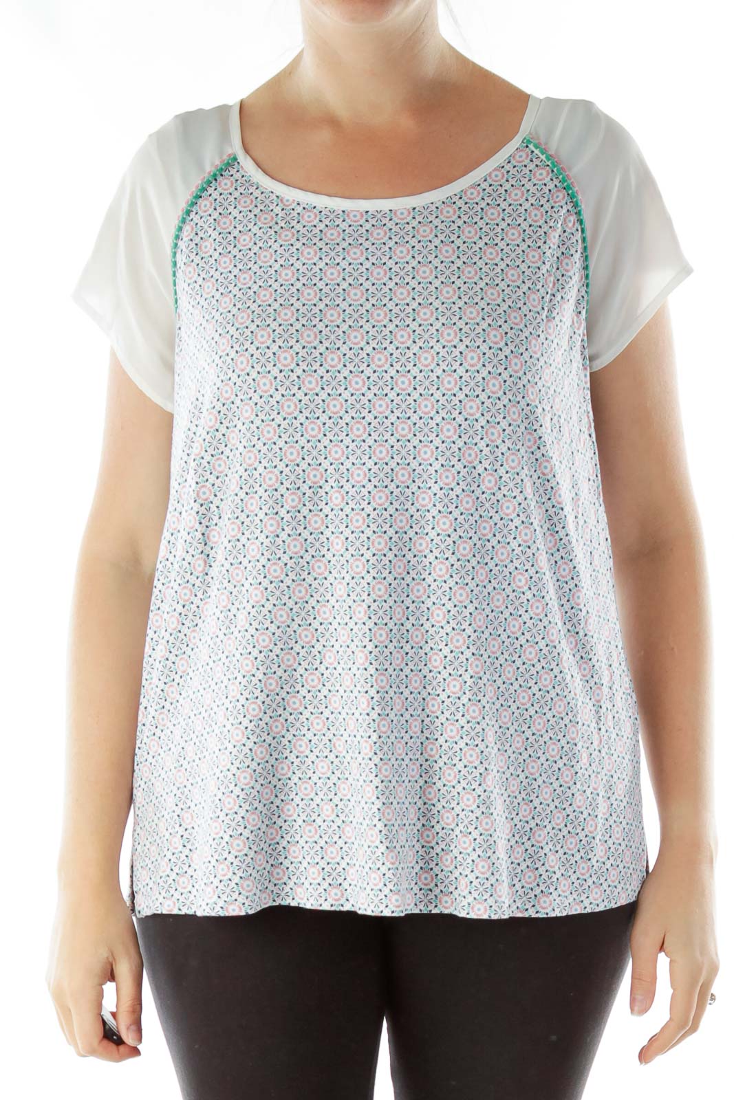 Blue Pink Geometric Print T Shirt Front