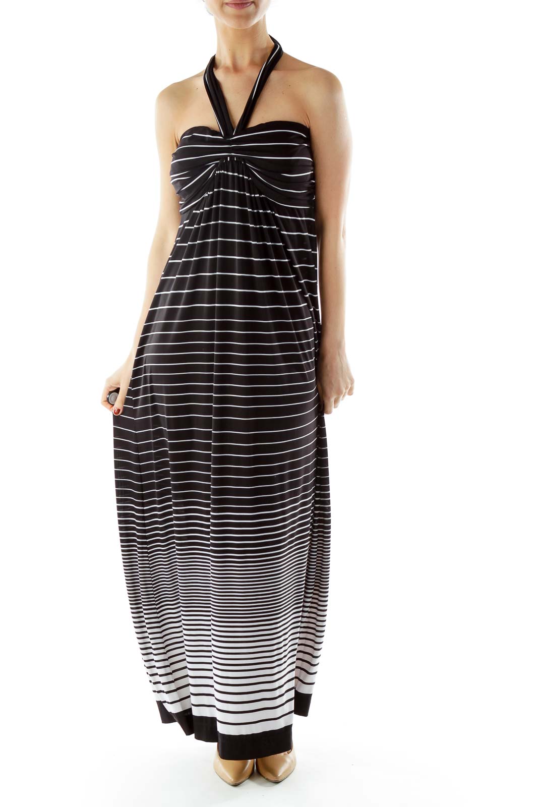 Black White Striped Halter Maxi Dress Front