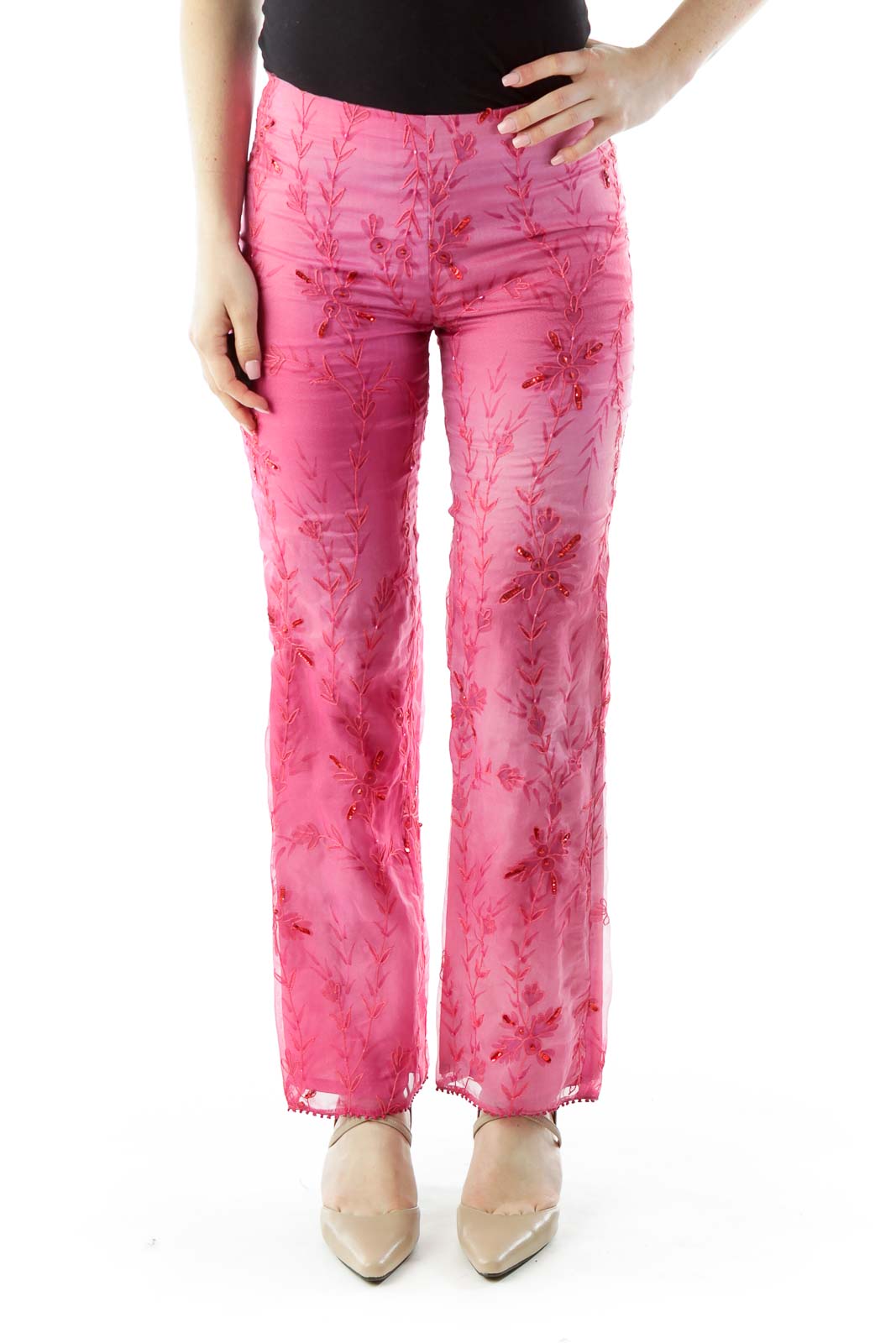 Pink Sequin Stitched Pants Front