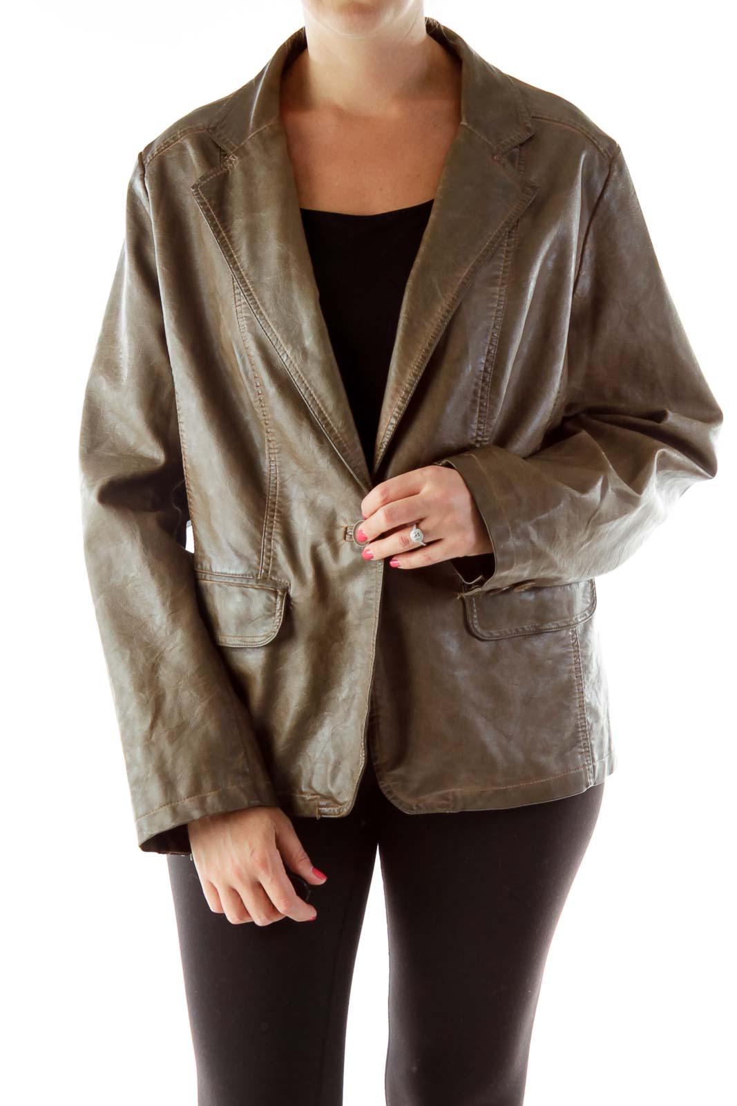 Brown Faux-Leather Buttoned Jacket Front