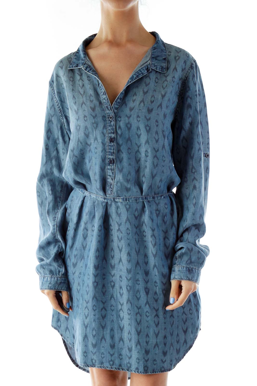 Blue Leopard Print Collared Shirt Dress Front