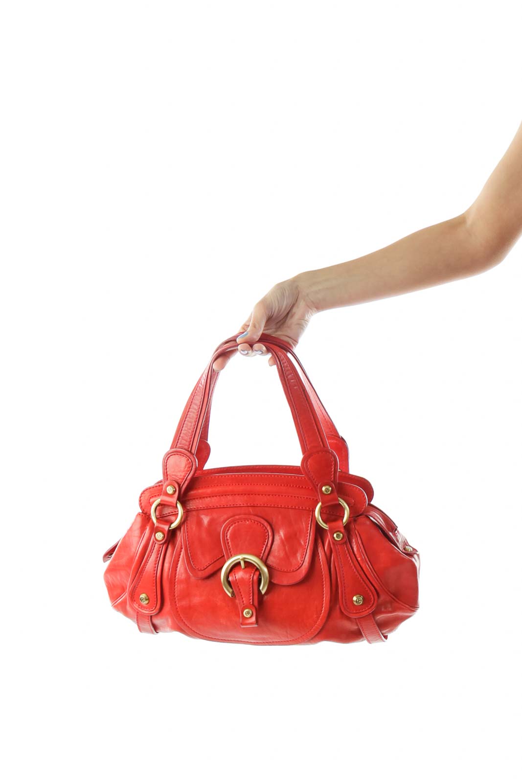 Red Buckled Leather Shoulder Bag Front