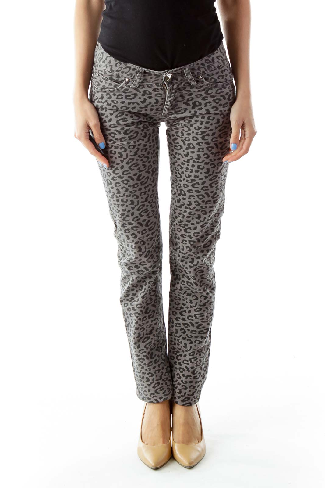 Grey Leopard Print Skinny Jeans Front
