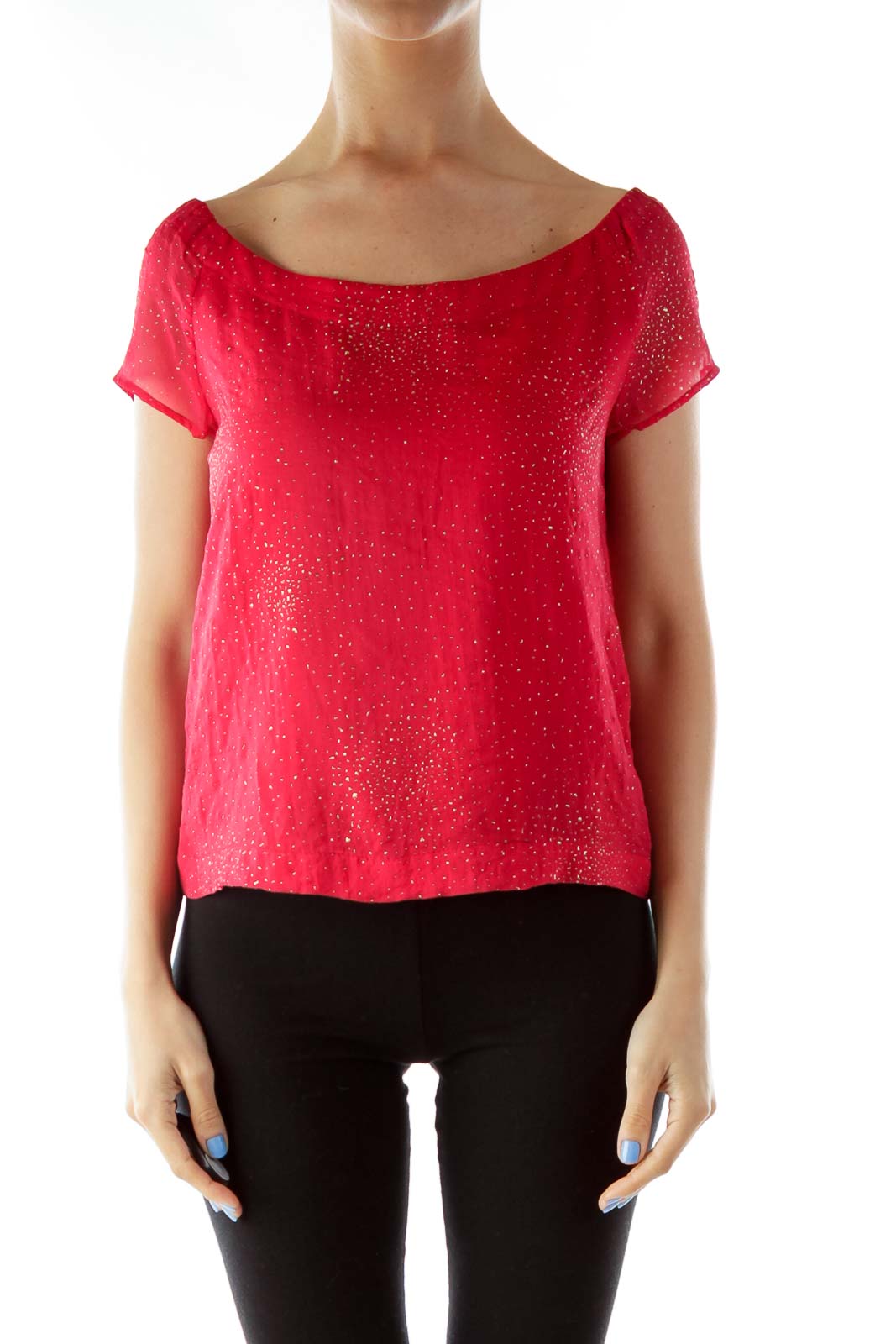 Red Gold Boat Neckline Blouse Front