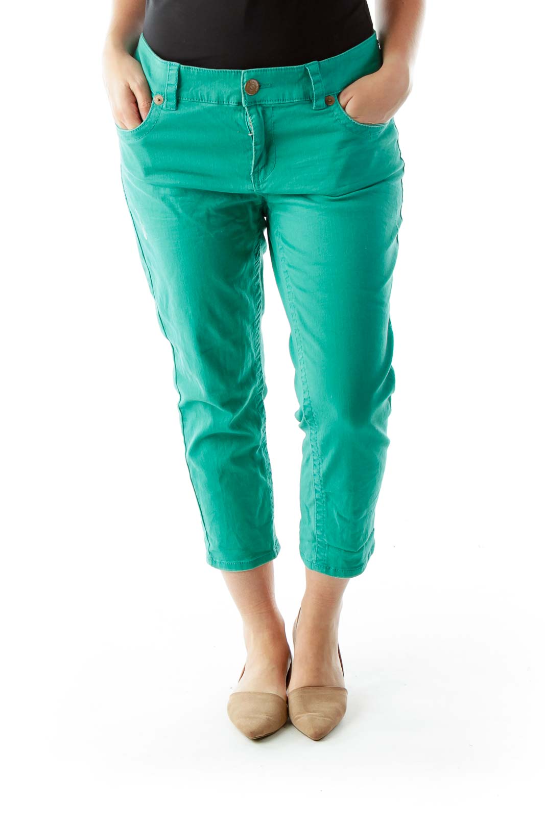 Green High-Waisted Cropped Jeans Front