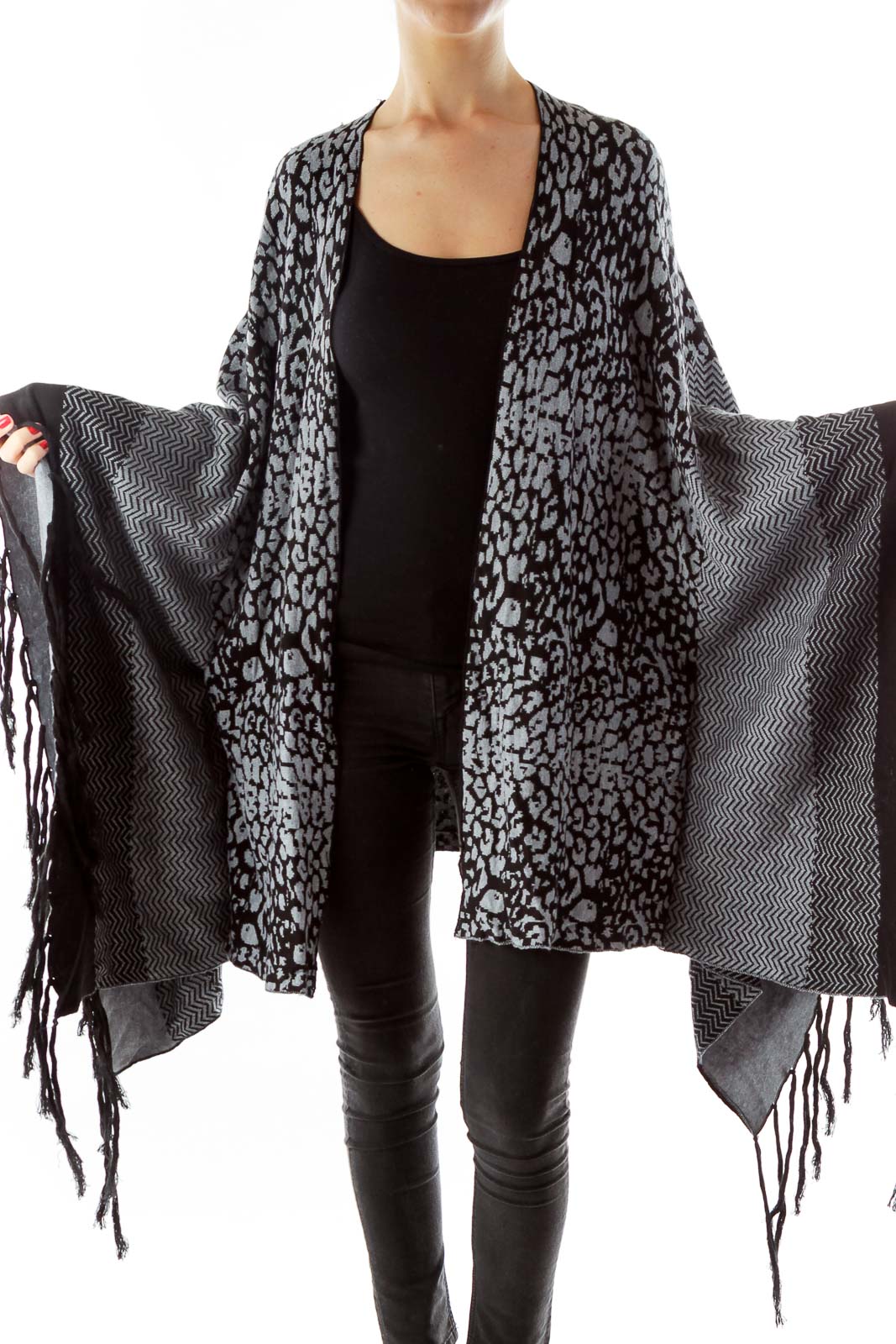 Black Gray Leopard Poncho Front