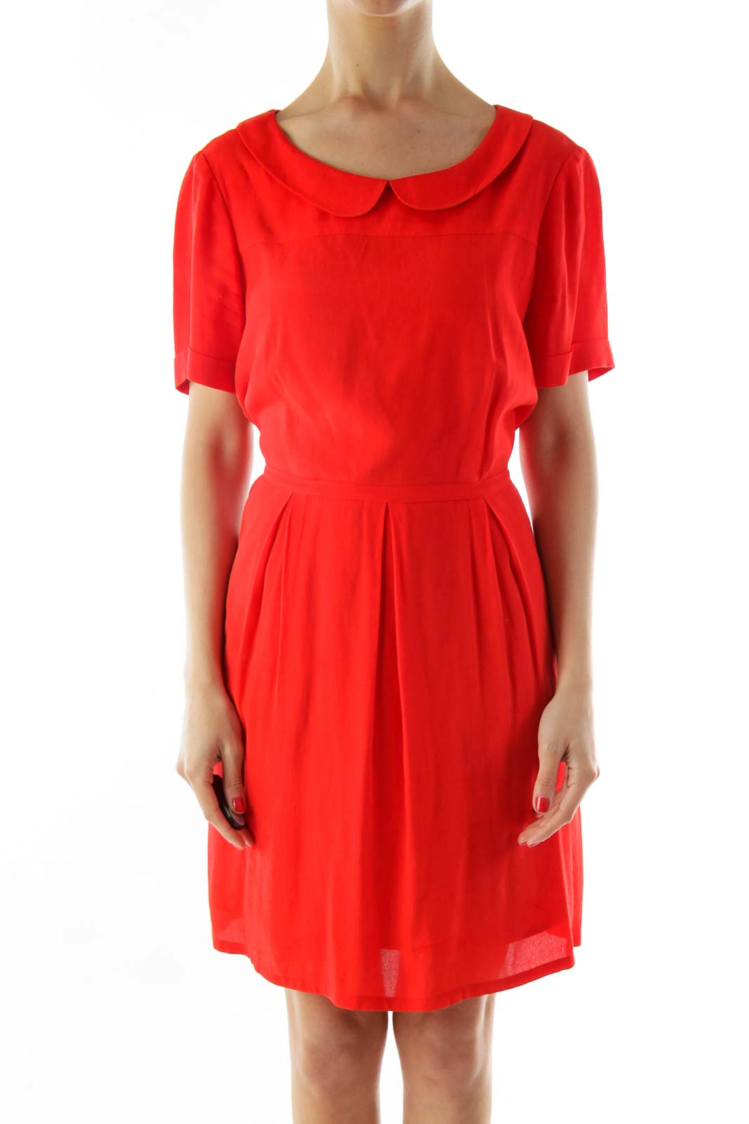 Red Short Sleeve Collared Work Dress Front