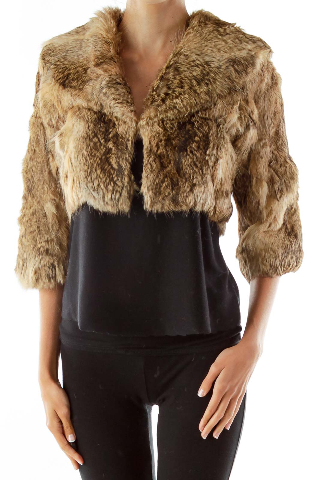 Brown Collared Cropped Rabbit Fur Jacket Front