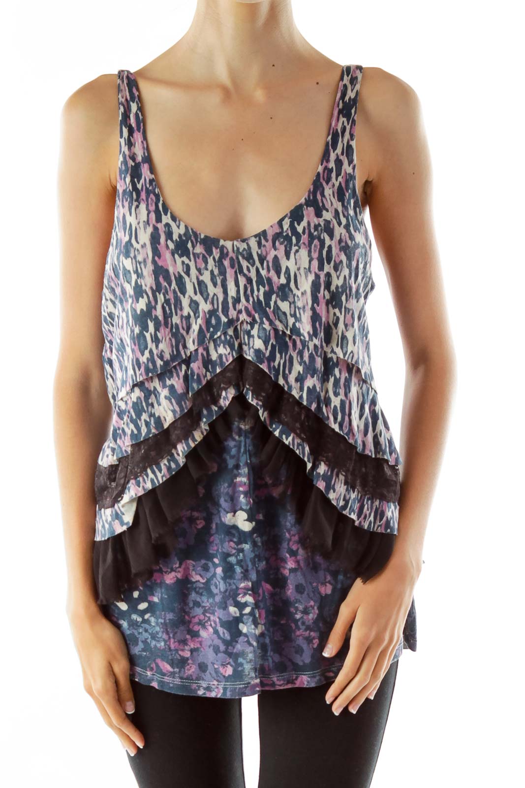 Blue Purple Animal Lace Ruffled Top Front