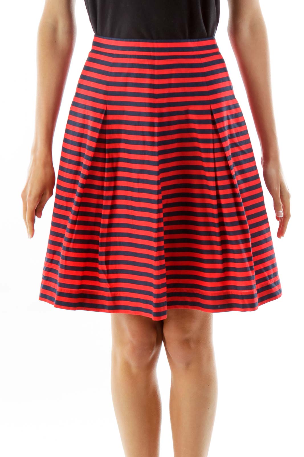 Red Navy Striped Pleated Skirt Front