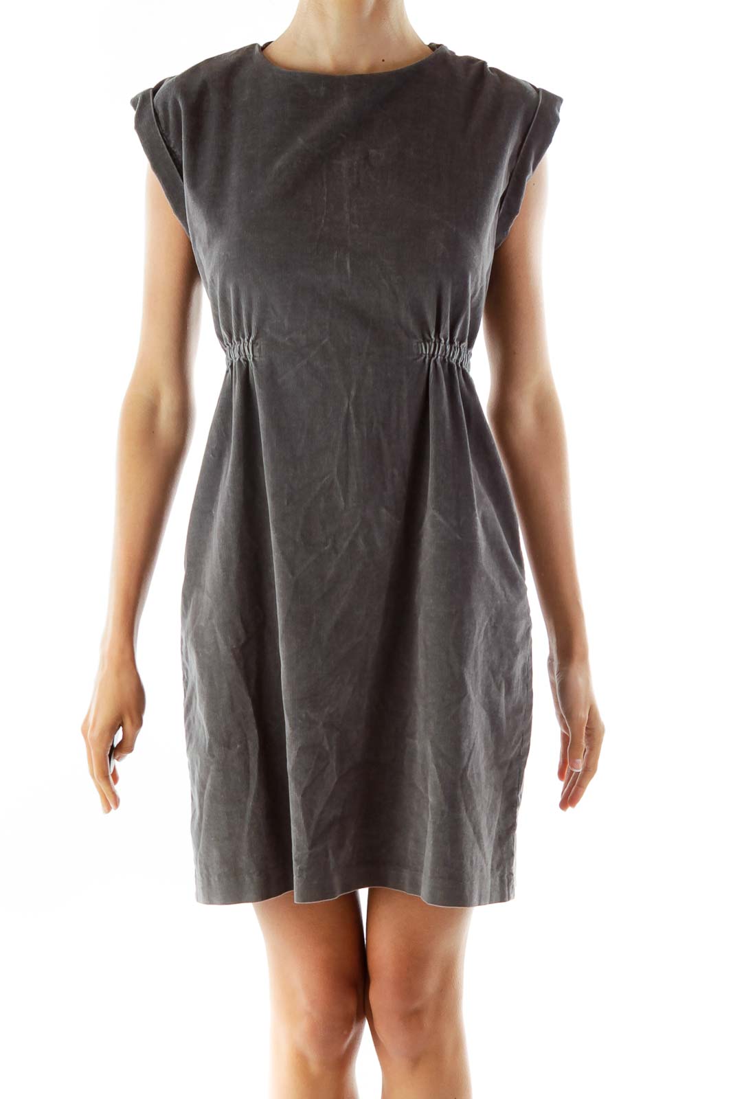 Gray Corduroy Scrunched A-Line Dress Front