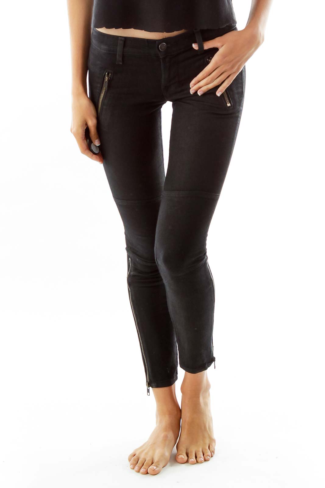Black Faux-Leather Zippered Skinny Jeans Front