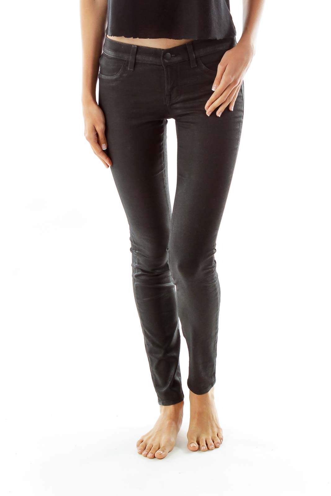 Black Sparkling Faux-Leather Jeans Front