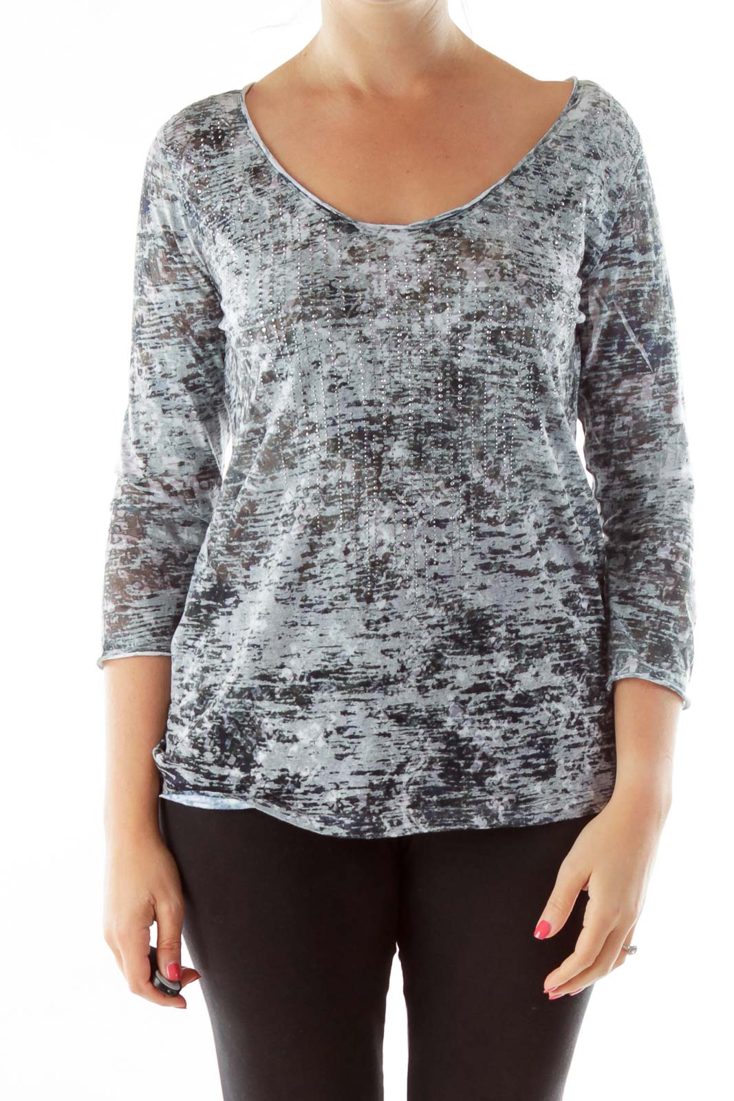 Gray Tie Dye Round Neck Studded Shirt Front