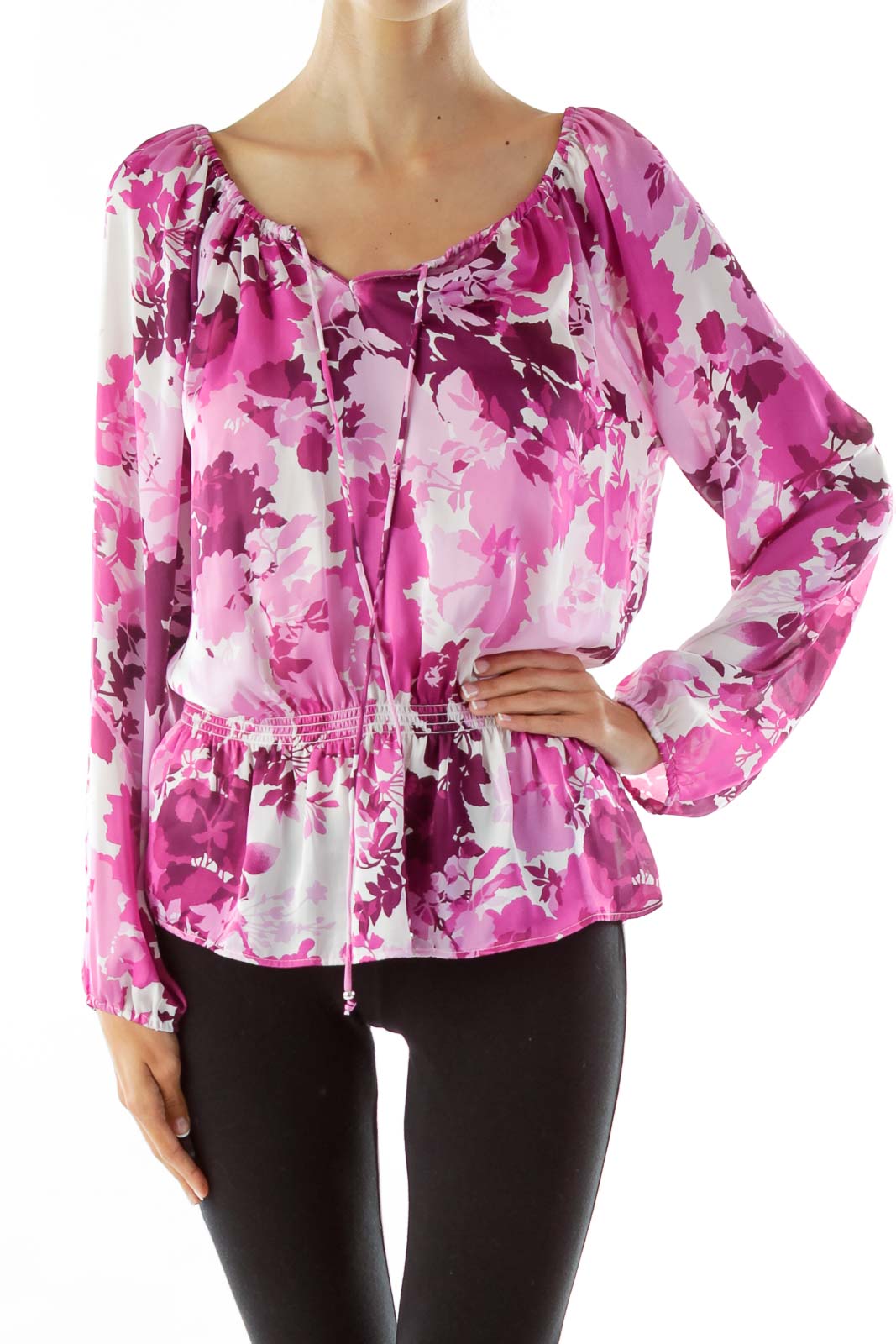 Purple White Scrunched Printed Top Front
